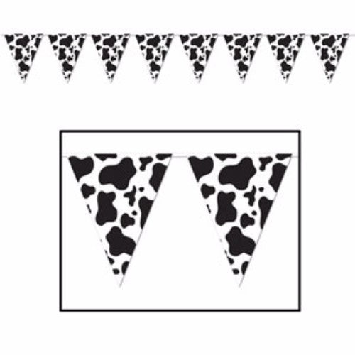 Vibrant cow print pennant banner, 25cm x 3.65m, perfect for themed parties and outdoor events, with 12 durable plastic flags.