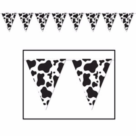 Vibrant cow print pennant banner, 25cm x 3.65m, perfect for themed parties and outdoor events, with 12 durable plastic flags.