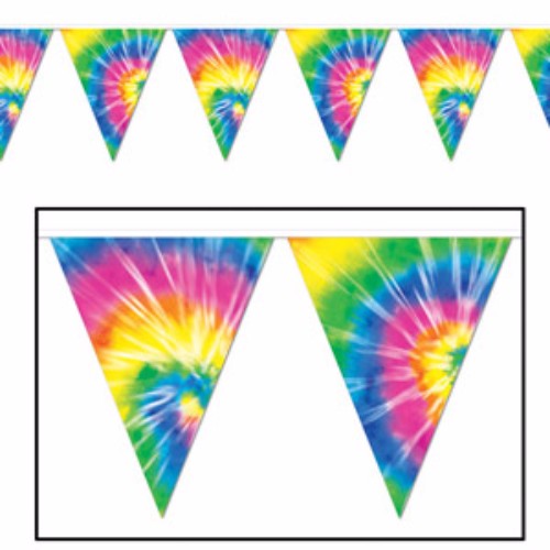 Colorful 12 pennant tie-dyed banner, 25cm high, 3.65m long, perfect for outdoor party decorations.