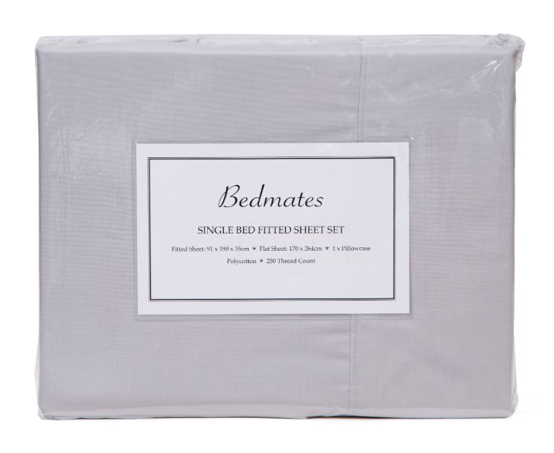 Bedmates Single Sheet Set in silver, featuring soft polycotton, 250 thread count, includes fitted sheet, flat sheet, and pillowcase.