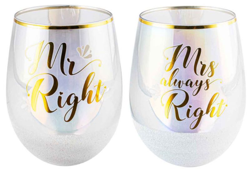 Mr & Mrs Double Pack Glitterati Stemless 600ml