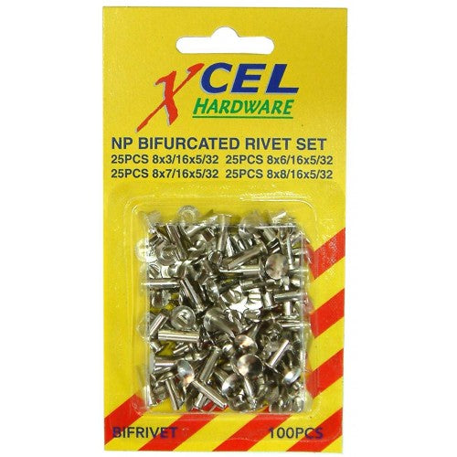 Bifurcated Rivets Xcel set of 100 in various sizes for durable fastening in leather, wood, and thin metal crafts.