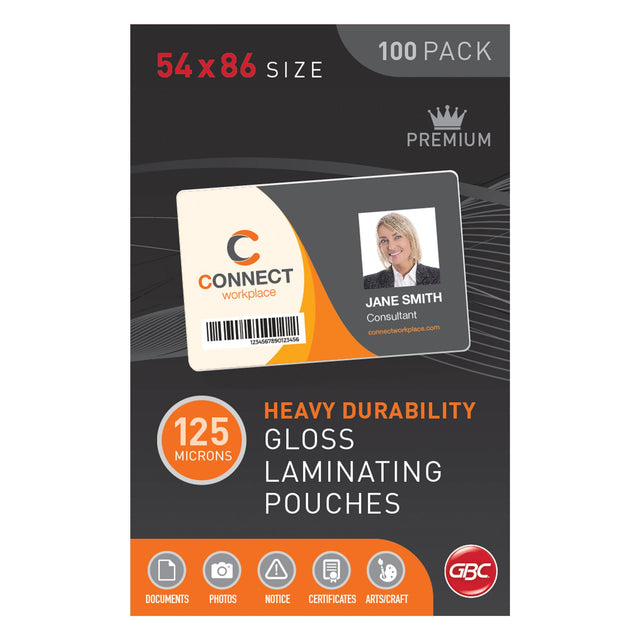 GBC Laminating Pouch 54x86mm, 125 micron, glossy finish, pack of 100 for durable document protection.