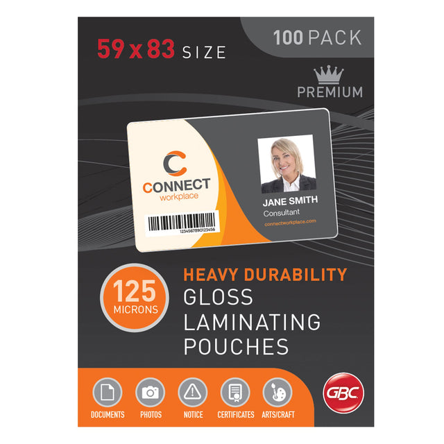 GBC Laminating Pouch 59x83mm, 125 Micron, pack of 100 for superior document protection and enhancement.