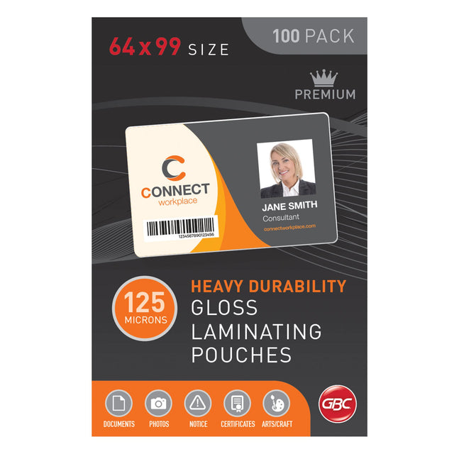 GBC Laminating Pouch 64x99mm, 125 microns, pack of 100 for durable document protection and professional finish.