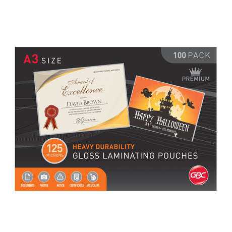 GBC A3 laminating pouches, 125 microns thick, providing gloss and protection for documents, photos, and instructional materials.