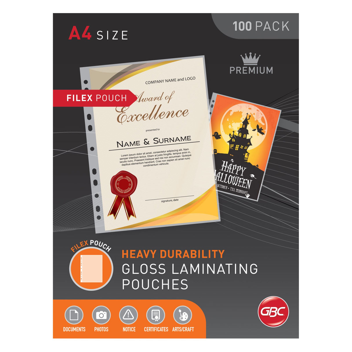 GBC Laminating Pouch A4, 125 Micron, pack of 100 for durable document protection and glossy finish.