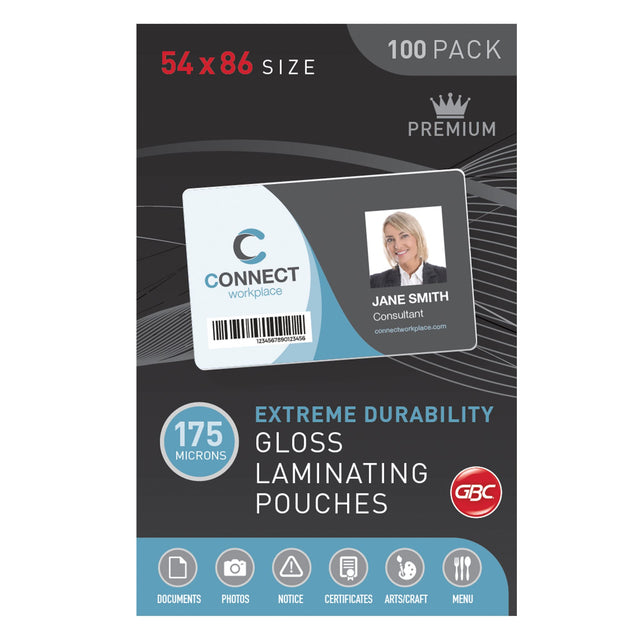 GBC Laminating Pouch 54x86mm, 175 Micron, pack of 100, for protecting and enhancing photos and documents.