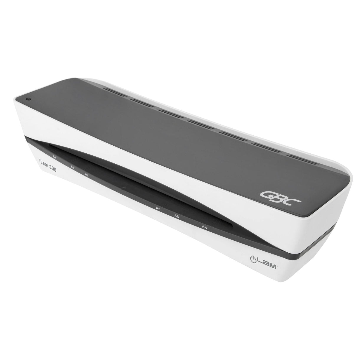 Compact A4 laminator in grey with low temperature, fast warm-up, and stylish design, safe for kids and ideal for home use.