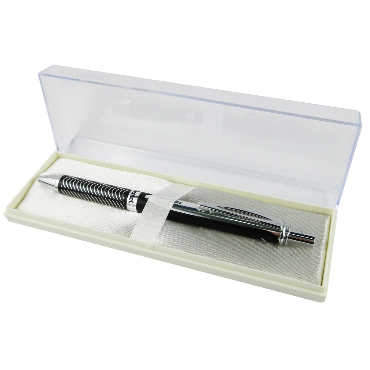 Pentel Energel retractable pen with black aluminium barrel, 0.7mm ink, smooth writing, and stylish design in a bonus case.