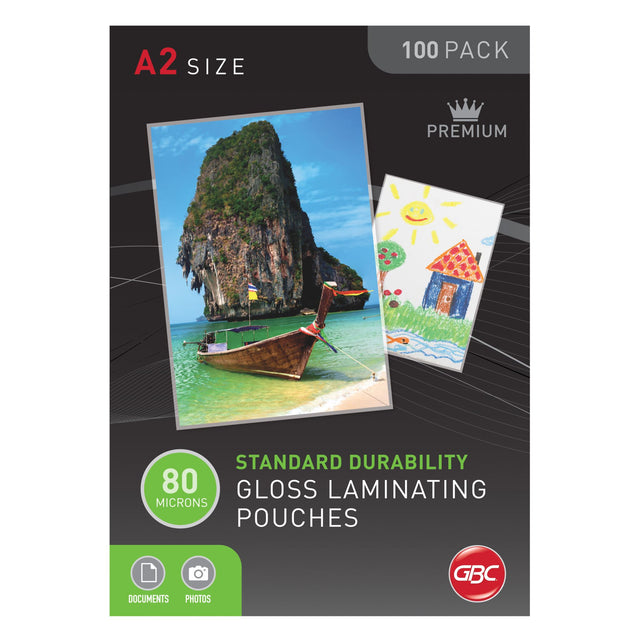 GBC A2 laminating pouches, 80 microns, pack of 100, providing clear protection for photos and documents in professional quality.