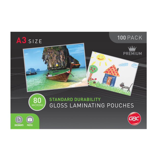 GBC A3 laminating pouches, 80 microns thick, pack of 100, provide glossy finish and robust protection for documents.