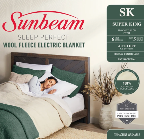 Electric Blanket - SLEEP PERFECT  WOOL FLEECE - SUPER KING (180cm x 204cm)