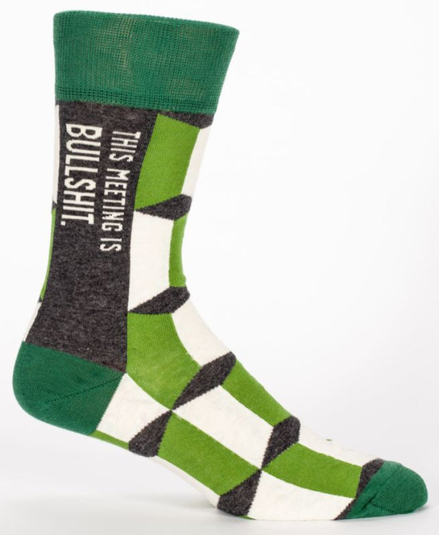 Blue Q Men's Socks featuring the phrase 'This Meeting is Bullshit', stylish and humorous for sizes 7-12.