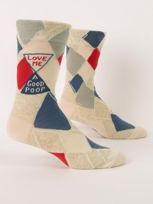 Blue Q men's crew socks with the fun phrase 'Love Me A Good Poop', perfect for adding humor and comfort to any outfit.