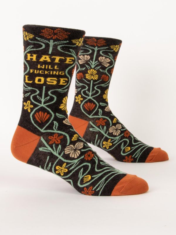 Bold Blue Q men's crew socks featuring the empowering message 'Hate Will Fucking Lose,' crafted for comfort and style.