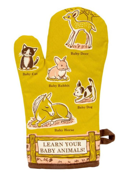 Colorful oven mitt featuring baby animal designs, crafted from super-insulated 100% cotton for heat protection.