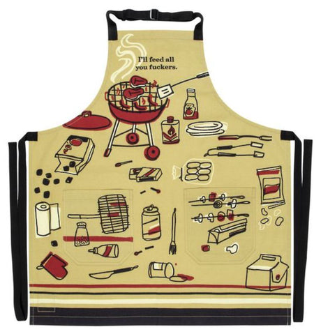 Quirky 'Feed All You Fuckers' apron in durable cotton twill with adjustable neck, long ties, and handy pockets for cooking enthusiasts.