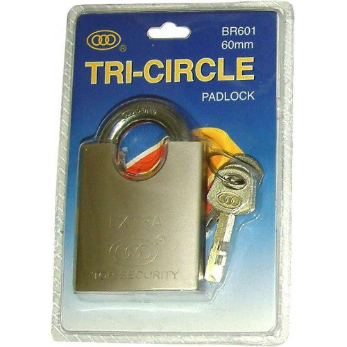 Tricircle SSBR601 60mm padlock featuring heavy-duty steel, protected shackle, and three keys for ultimate security.