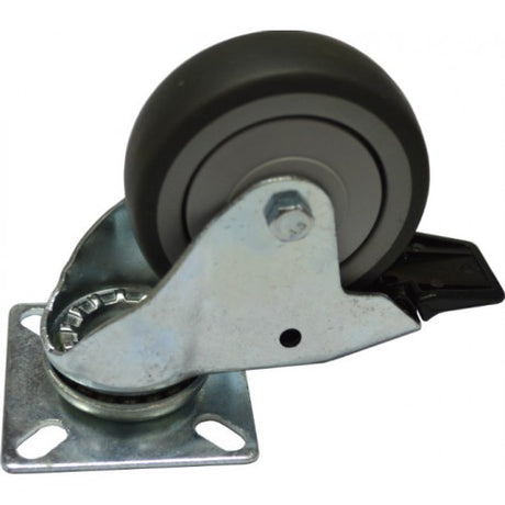 75mm braked castor swivel plate with steel body and rubber tire for enhanced mobility and safety in various applications.