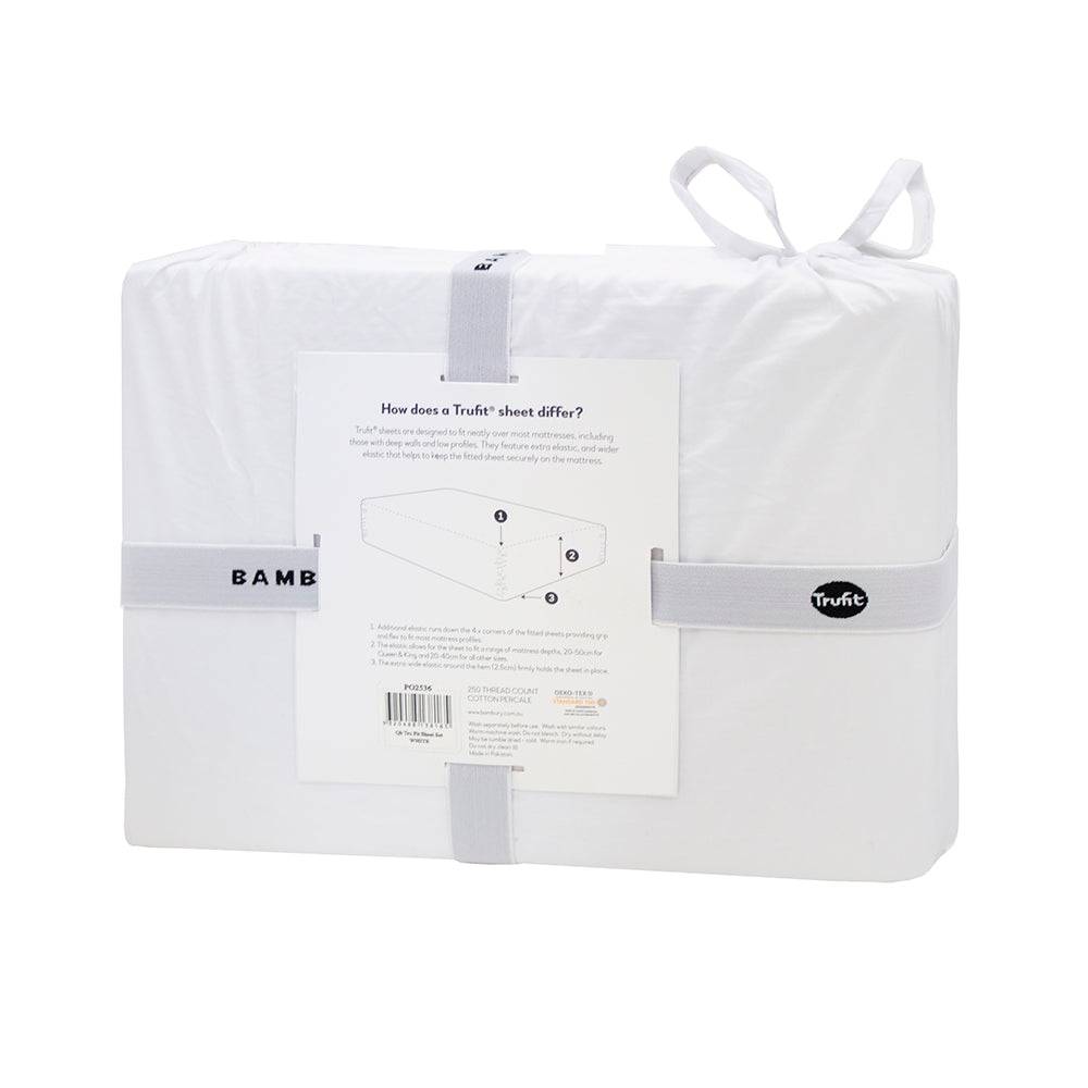 Tru Fit White King Sheet Set featuring fitted sheet with extra-wide elastic for secure fit and soft cotton fabric.