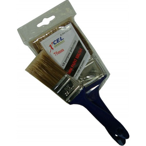 Economical 75mm paint brushes with blue handles, ideal for smooth, even coverage on various surfaces.