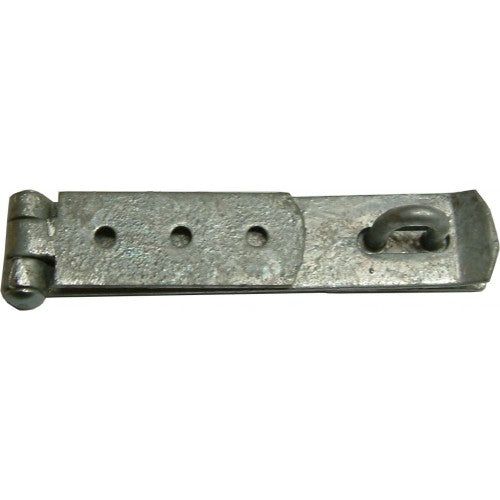 Heavy-duty galvanized steel hasp and staple, 110mm x 25mm, for secure locking of gates, garages, and toolboxes.