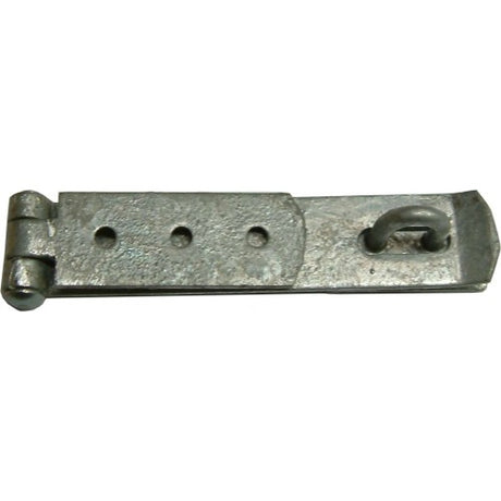 Heavy-duty galvanized steel hasp and staple, 110mm x 25mm, for secure locking of gates, garages, and toolboxes.