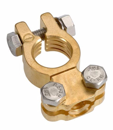 Brass saddle negative terminal from PROJECTA, suitable for 20-35mm² cables, featuring stainless steel hardware for durability.