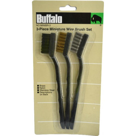 Set of 3 mini wire brushes with nylon, brass, and stainless steel bristles for detailed cleaning tasks.