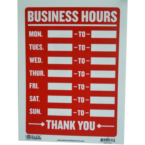 Business Hours Sign    20 X 30cm