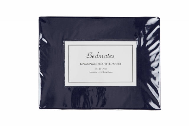 Navy Super King Sheet Set by Bedmates featuring 250TC polycotton, wrinkle-resistant finish, and elegant domed fastenings.