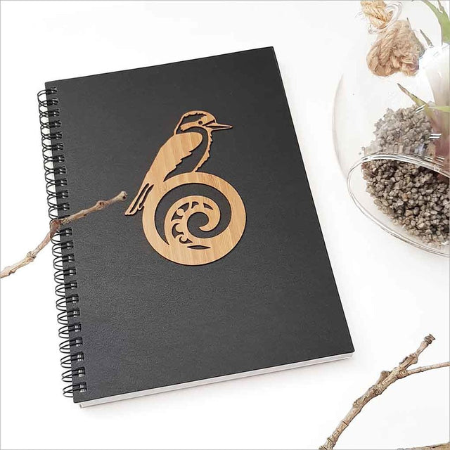 Kiwiana Black Journal featuring a King Fisher on koru, perfect for creative writing and sketching in A5 size.