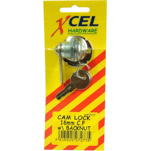 16mm chrome-plated cam lock with backnut, ideal for lockers and outdoor use, includes 2 keys for enhanced security.