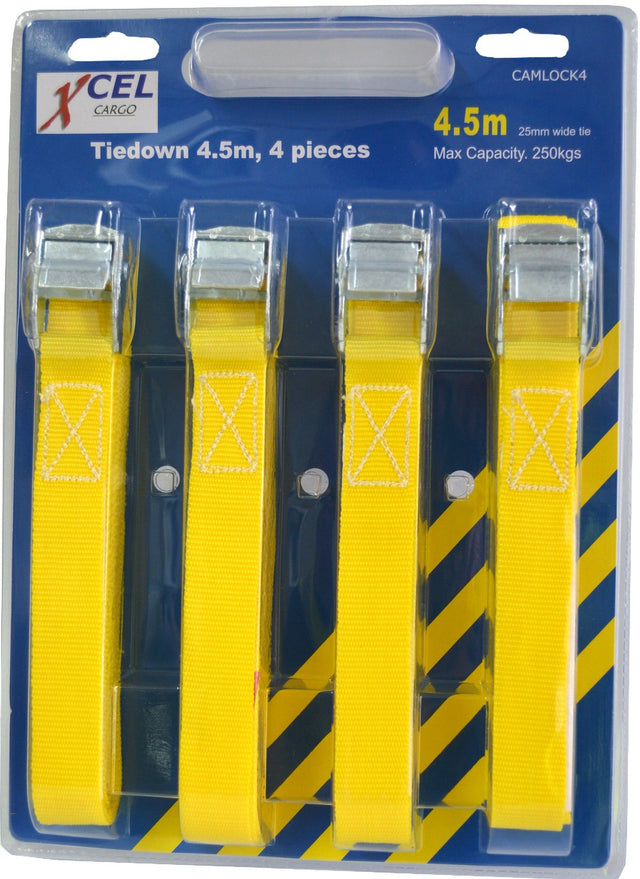 Durable 4-piece camlock tiedown set in bright yellow, ideal for safely securing light to medium loads up to 100kg.