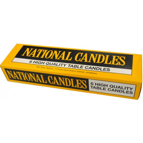 Six premium 'National' Candles with non-drip technology, offering 11 hours of burn time for elegant home illumination.