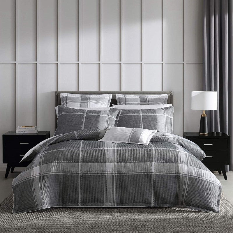 Super King Duvet Cover Set in Cannon Charcoal features a subtle check pattern, crafted from cotton-polyester blend for softness.