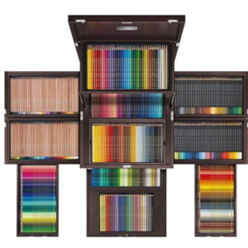 Elegant Caran D'Ache wooden box featuring over 420 colored pencils, uniquely crafted with an exclusive ebony finish.