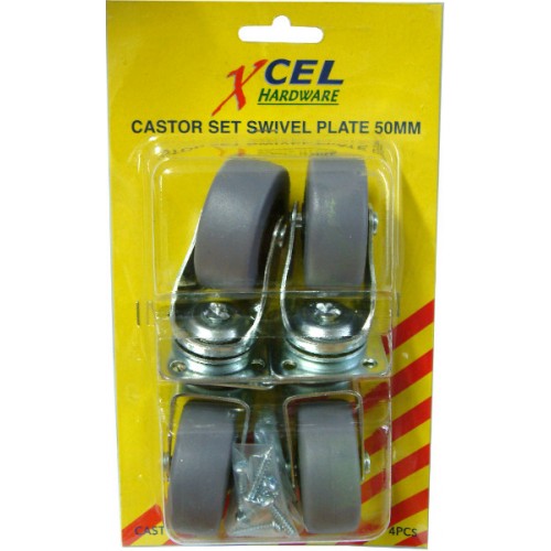 Set of four 50mm swivel castors with durable rubber tyres for smooth mobility on various surfaces.