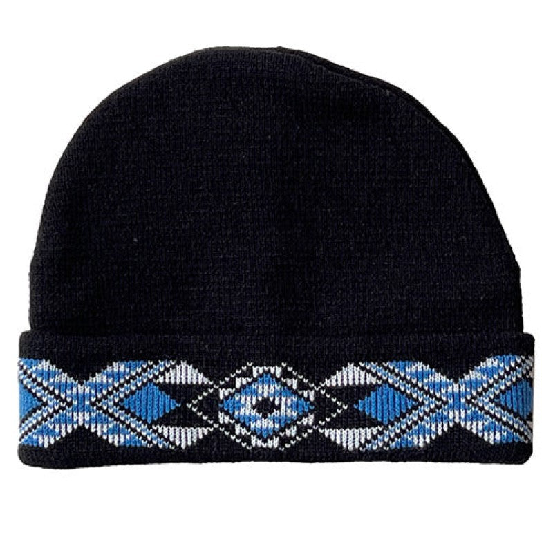 Light blue Taniko beanie made in New Zealand from black, blue & white wool, offering warmth and style for cooler months.