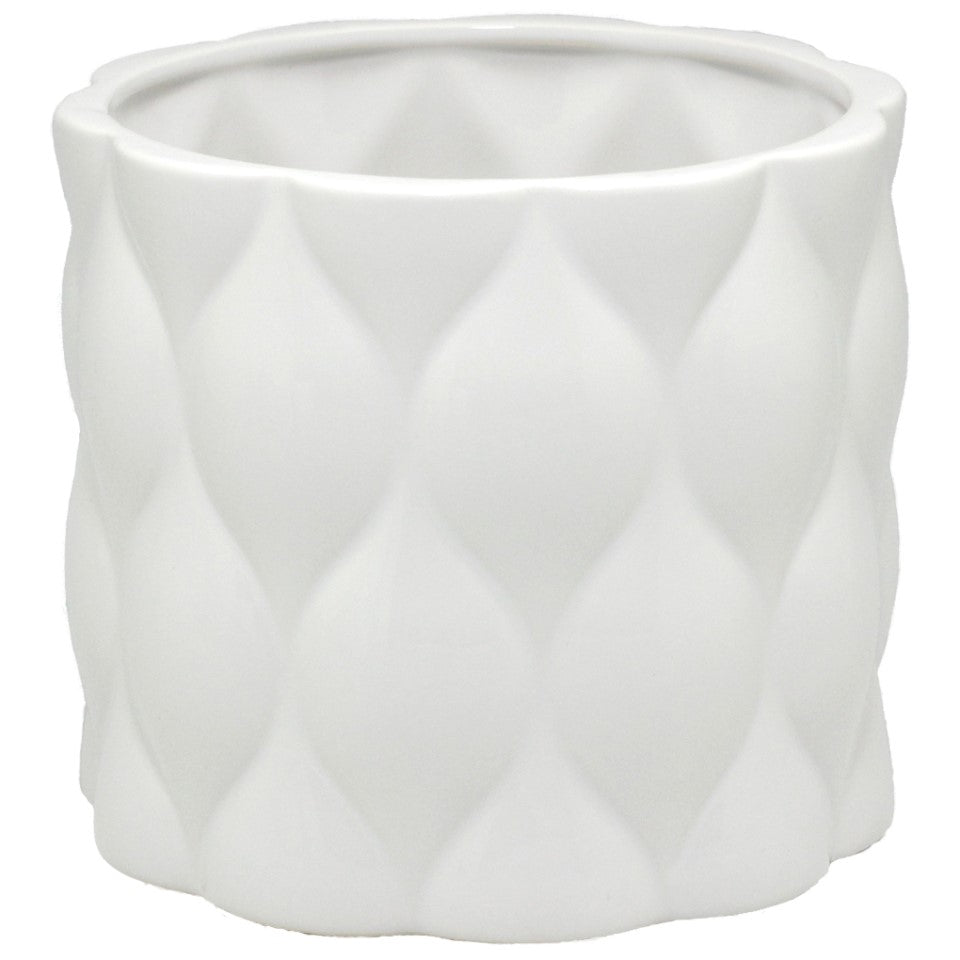 Vase /Planter - Round Ceramic Pot with Diamond Pattern in Shiny White