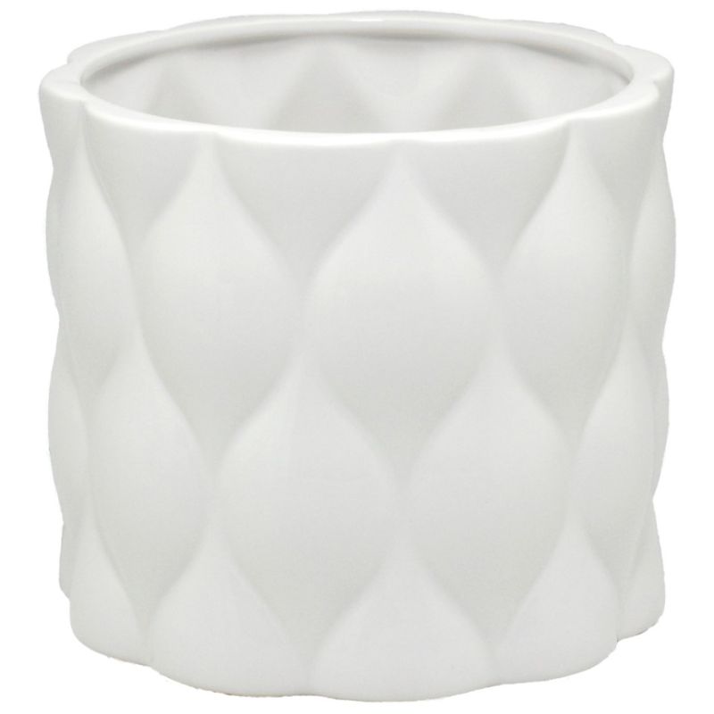 Planter - Round Ceramic Pot with Diamond Pattern in Shiny White