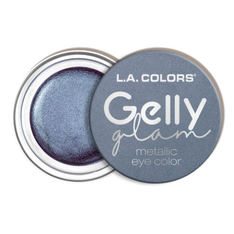 Vibrant blue Gelly Glam Eyeshadow by LA Colors, offering shimmer to metallic finishes for bold eye looks.