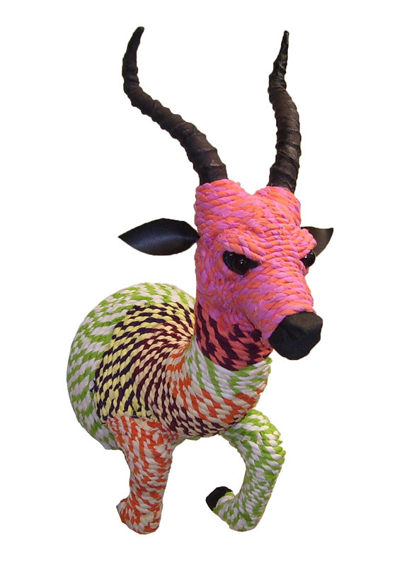 Handcrafted Chindi Springbok trophy made from recycled paper and cotton, showcasing vibrant colors and unique textures.