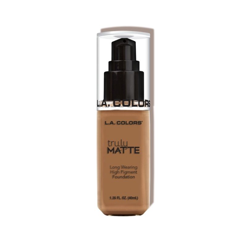 LA Colors Truly Matte Foundation in Deep Tan, offering high pigment, long wear, and a smooth matte finish for deep skin tones.