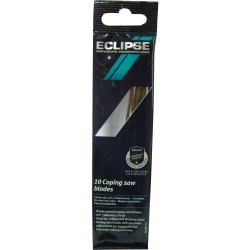 Set of 10 Eclipse 71cp7r coping saw blades for precise, smooth cuts in wood, featuring 14 TPI and 120mm length.