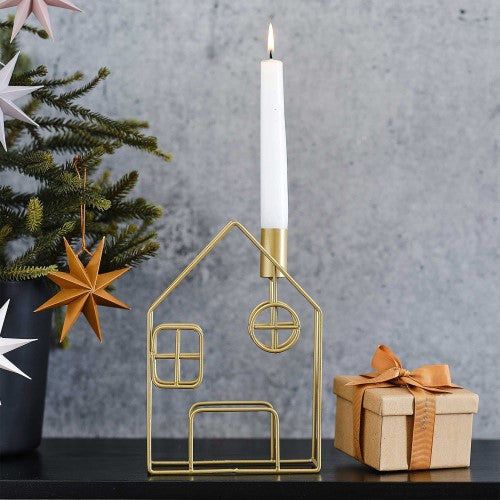 Cosy Copper Gold Metal House Candle Holder, 20cm high, adds warmth and style with its unique house design and luxurious finish.