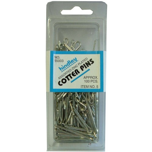 Assorted pack of 100 Hindley No.5 cotter pins, durable zinc-plated steel for secure fastening in various applications.