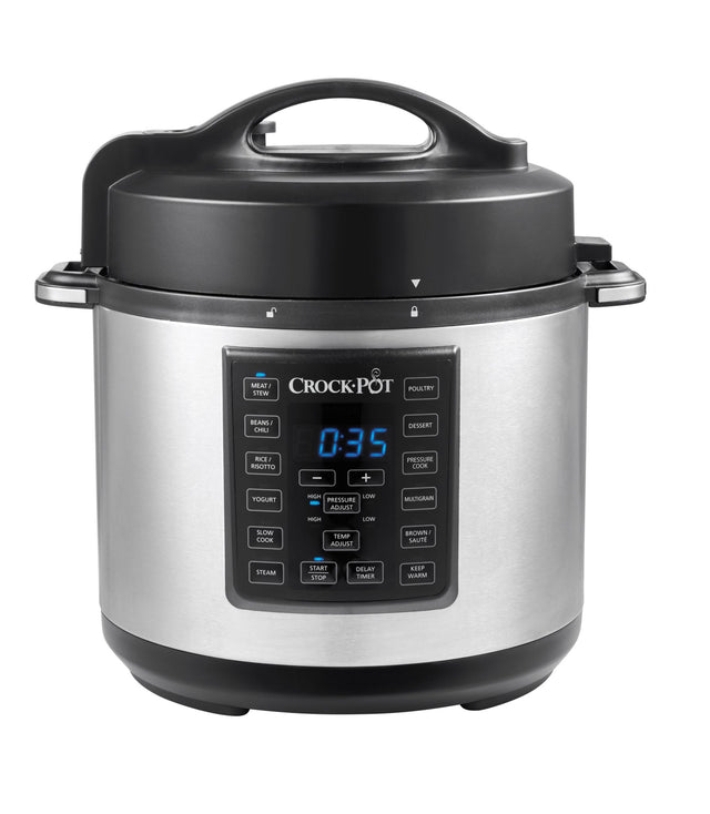 Crock Pot Express Multi Cooker with 5-in-1 versatility, 7 one-touch settings, and a dishwasher-safe 5.7L non-stick pot.