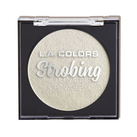 Velvety LA Colors Strobing Powder in Gleaming Goddess for radiant skin; comes with compact and sponge applicator.